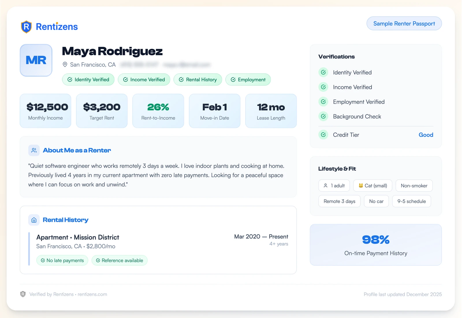 Sample Renter Passport showing Maya Rodriguez's verified profile with income, rental history, and lifestyle information